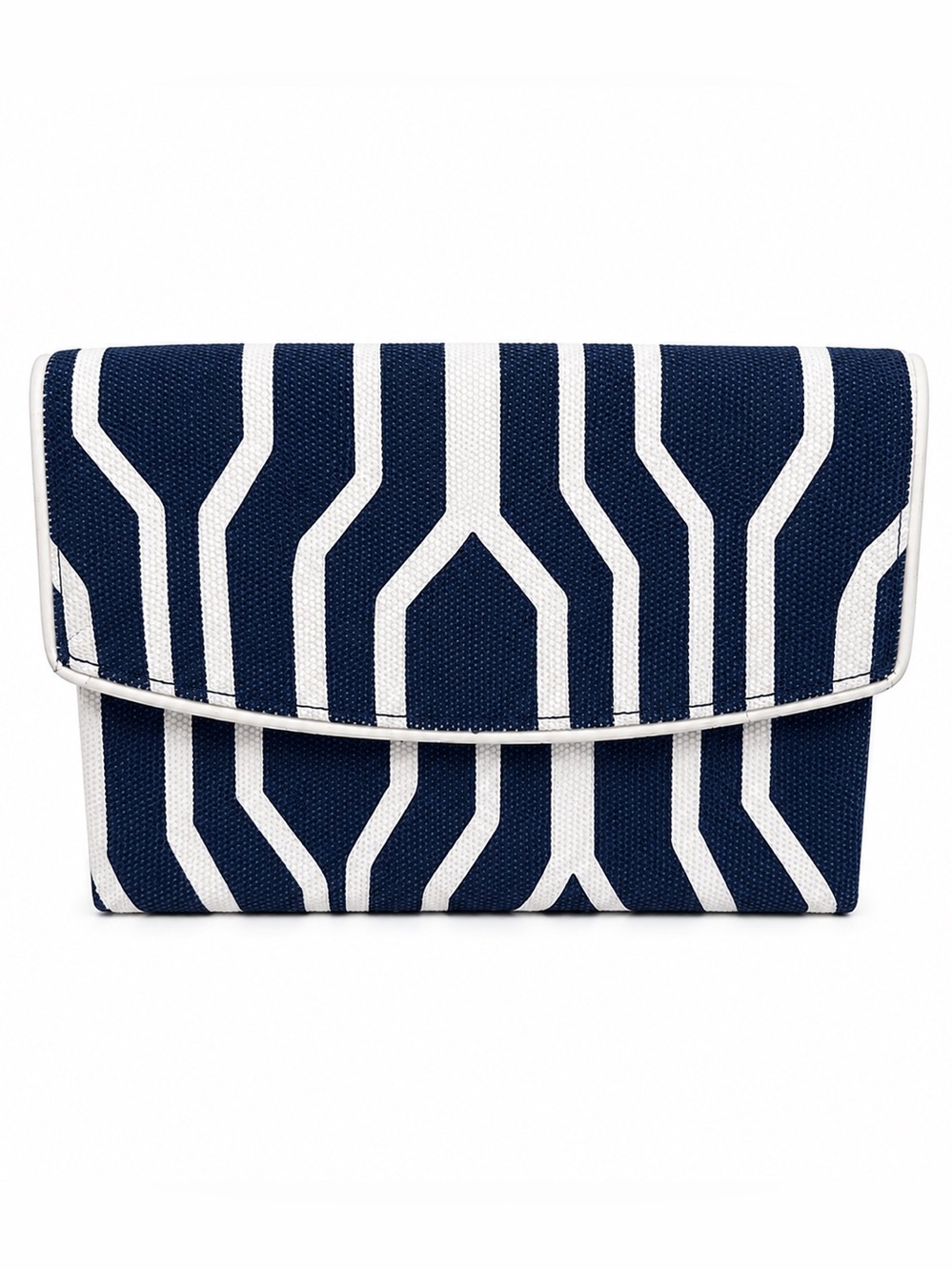 Ann Taylor White/Navy Blue Stripped Fabric Clutch